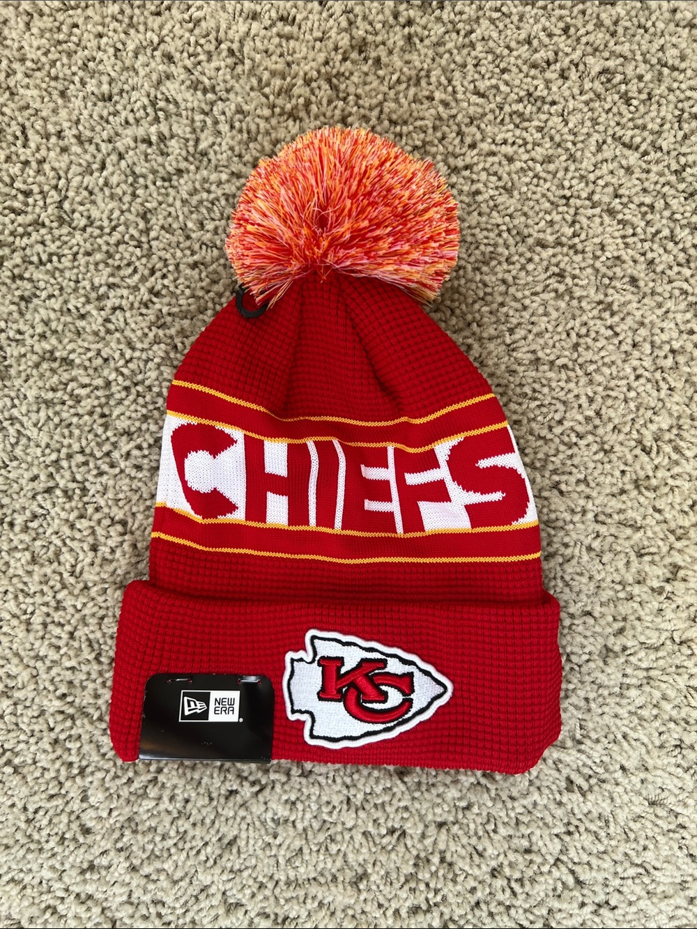 New Era Chiefs Red Knit Pom Beanie with Yellow & White Accents